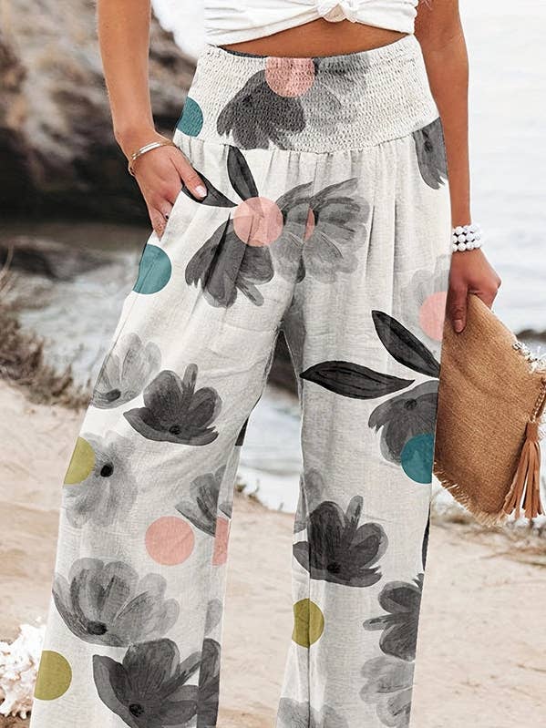 DEEP GRAY High Waisted Loose Elasticity Flower Print Pleated Pockets Pants Trousers for wholesale on Faire