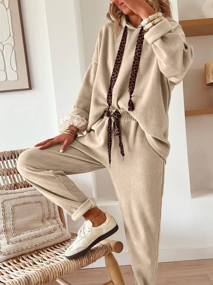 Parchment Leopard Drawstring Pullover Hoodie and High Waist Pants Corduroy Suit for wholesale by Suhkasana
