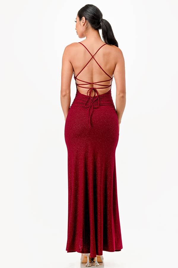 La Scala - Wholesale Dress - Women's - Glittered ITY Back lace up mermaid dress with waist shirring10