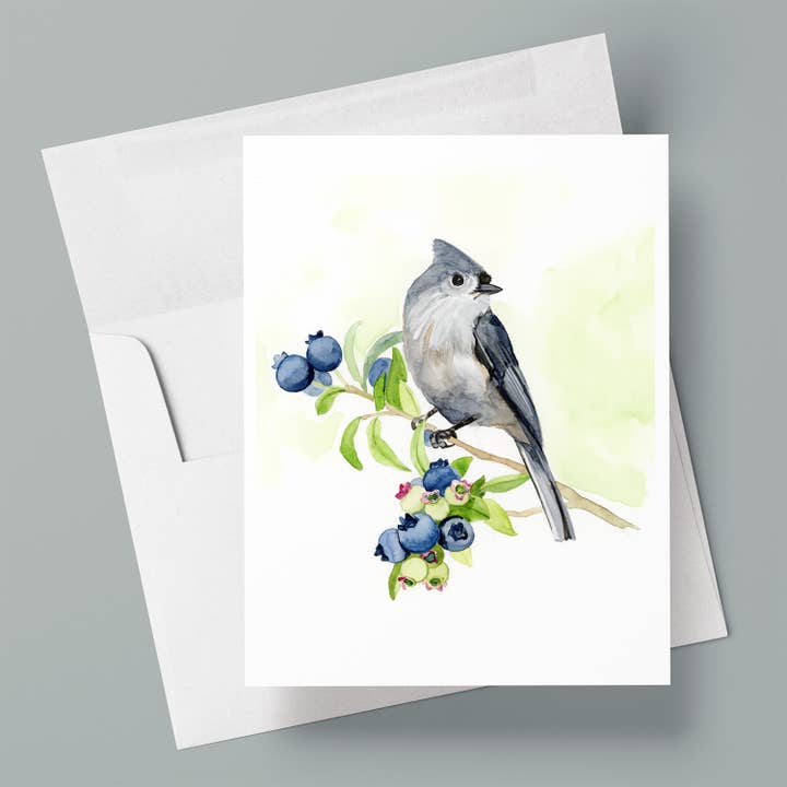 Titmouse on Blueberry Branch / Blank Greeting Card for wholesale by Kasey Melissa Art