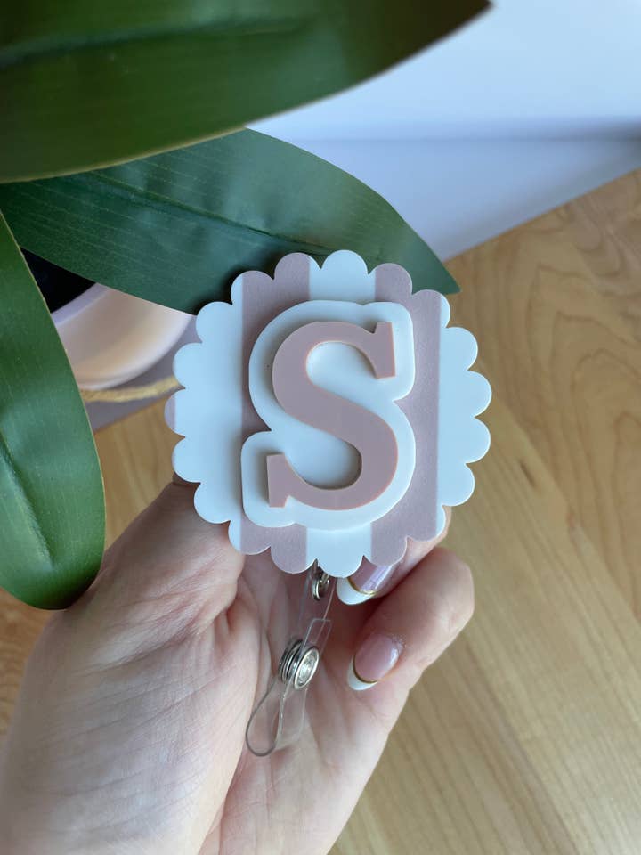 Custom Initial Striped Scalloped Badge Reel for wholesale by DesignedbyKendal