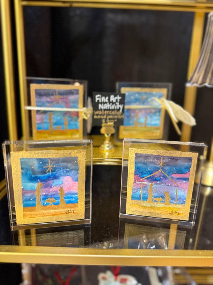 Fine Art Hand Painted Watercolor Block Nativity for wholesale by Laura Giles Art