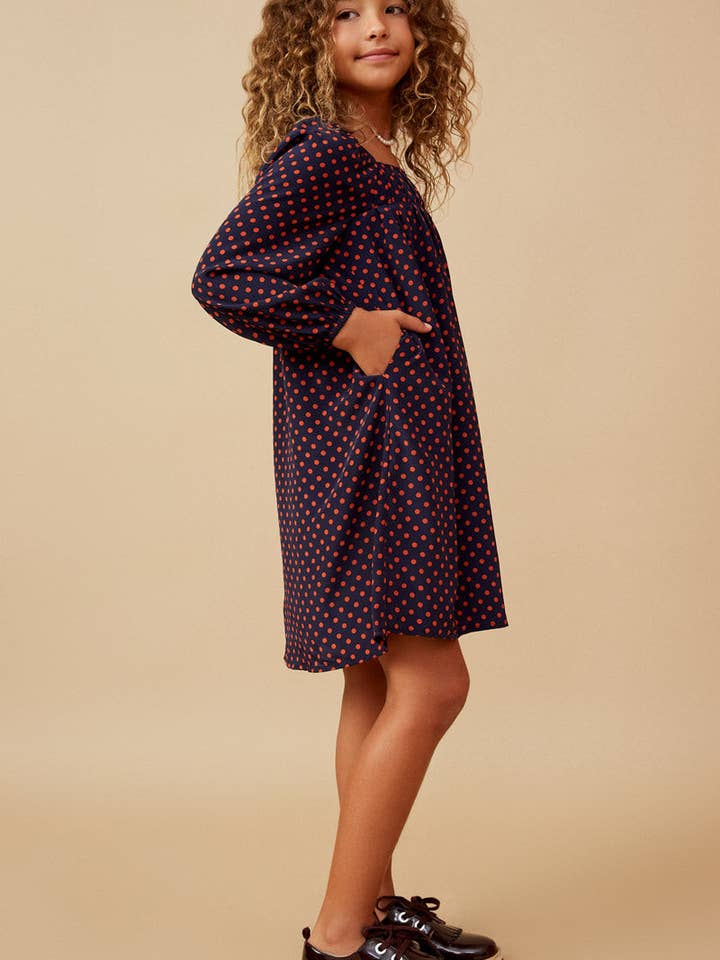 Navy Girls Polka Dot Print Square Neck Long Sleeve Dress for wholesale on Faire2