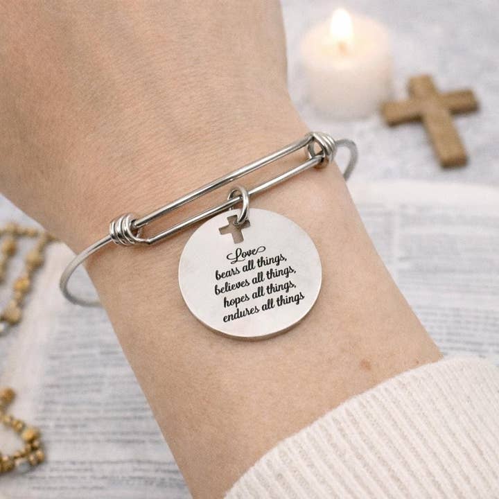 Love Bears All Things Bracelet Stainless Steel Faith Jewelry Christian Scripture Bangle Inspirational Religious Gift for wholesale by JKCE Designs
