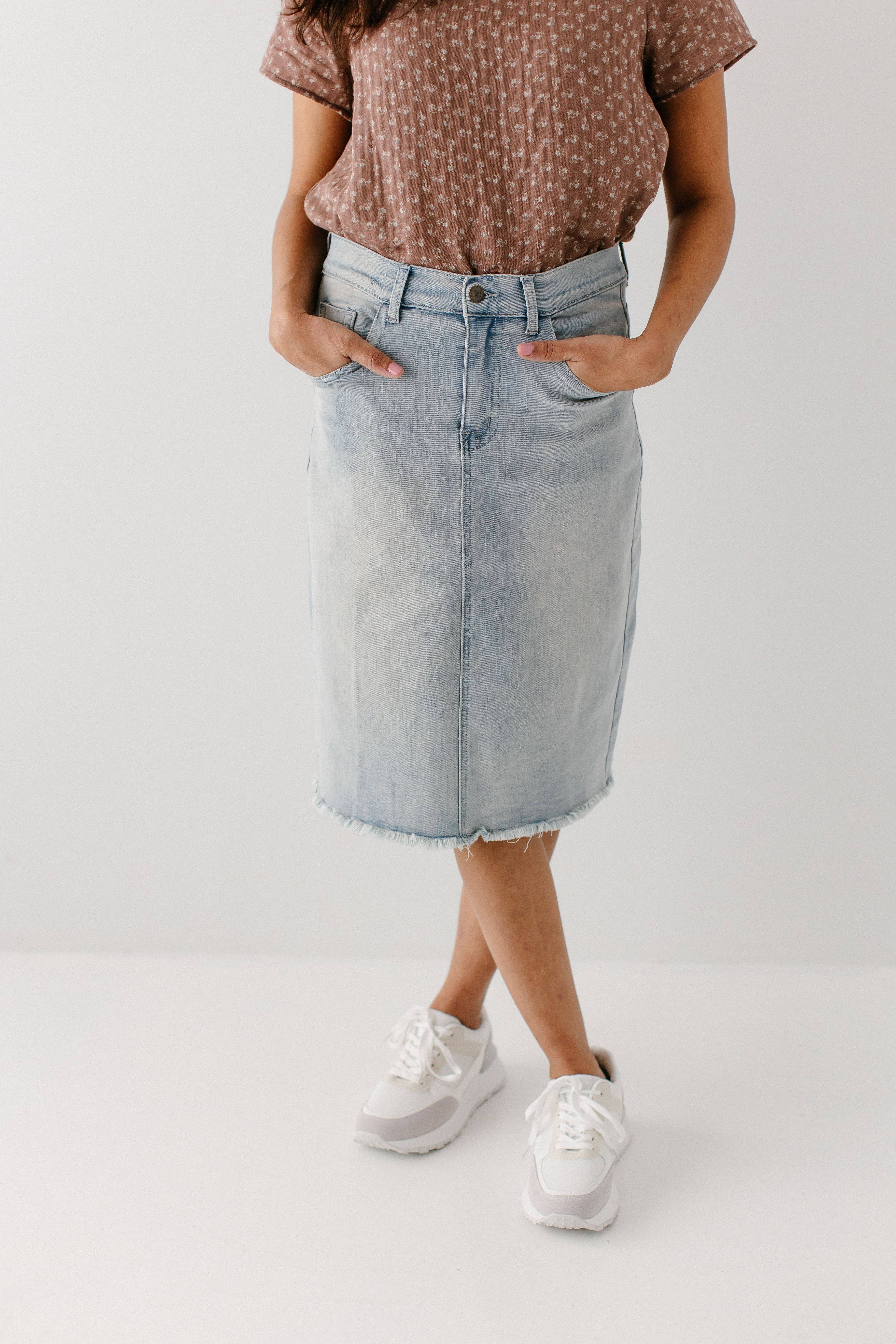 The Main Street Exchange - Wholesale Skirt - Women's - 'Lily' Stretch Denim Knee Length Skirt4