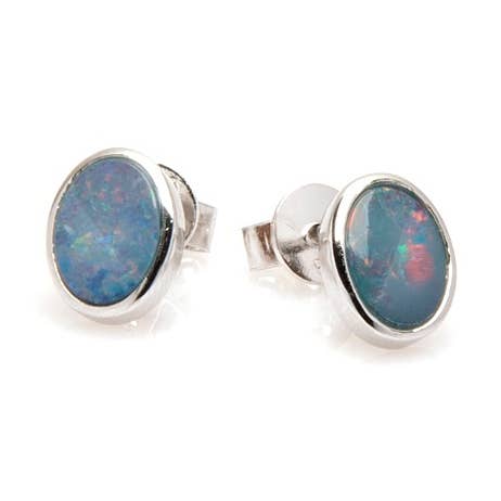 Oval doublet blue opal earrings, sterling silver for wholesale by OPALOOK France