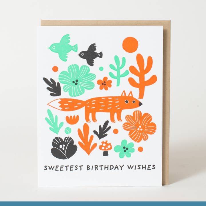 Birthday Fox Letterpress Greeting Card by Fugu Fugu for wholesale by Egg Press Manufacturing