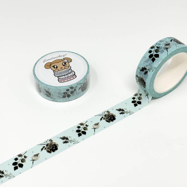 Sort + Tiffany Blå Blomstret Washi Tape | Sølvfolie 15MM for engroshandel hos Plannermonkeyco