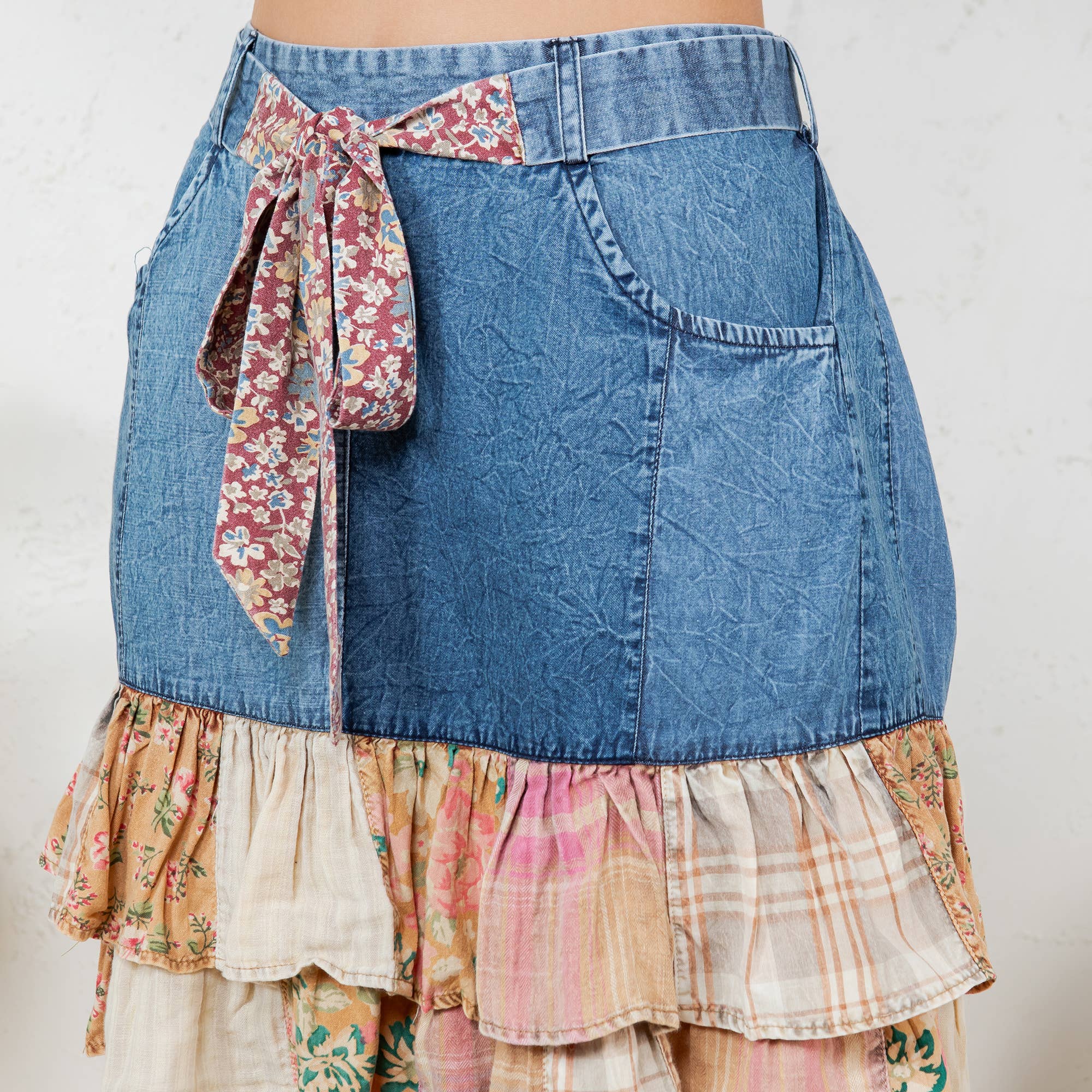 Young Threads - Wholesale Skirt - Women's - Playful Denim Mini Skirt with Plaid Patch Details11