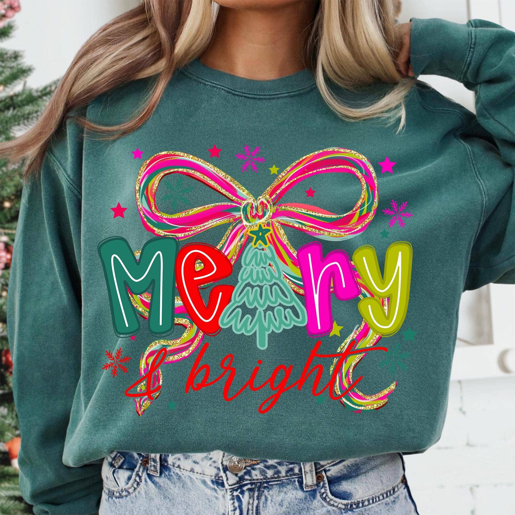 NVC Ecommerce LLC - Venta al por mayor Camiseta estampada - Mujer - Camiseta con Lazo Coqueta Alegre y Brillante, Jersey de Navidad Preppy1