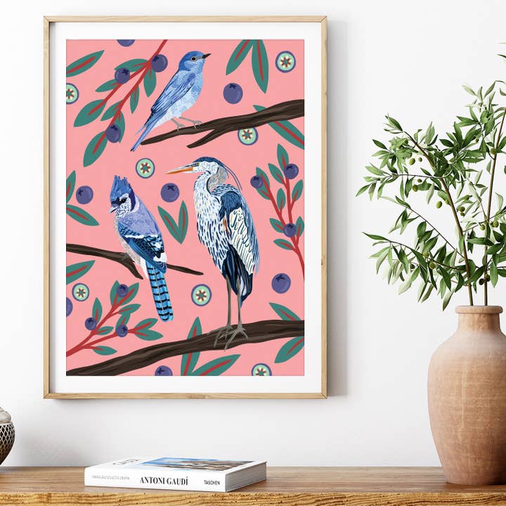 Imprimé oiseaux bleus et bleuets pour la vente par Bea Baranowska Illustration