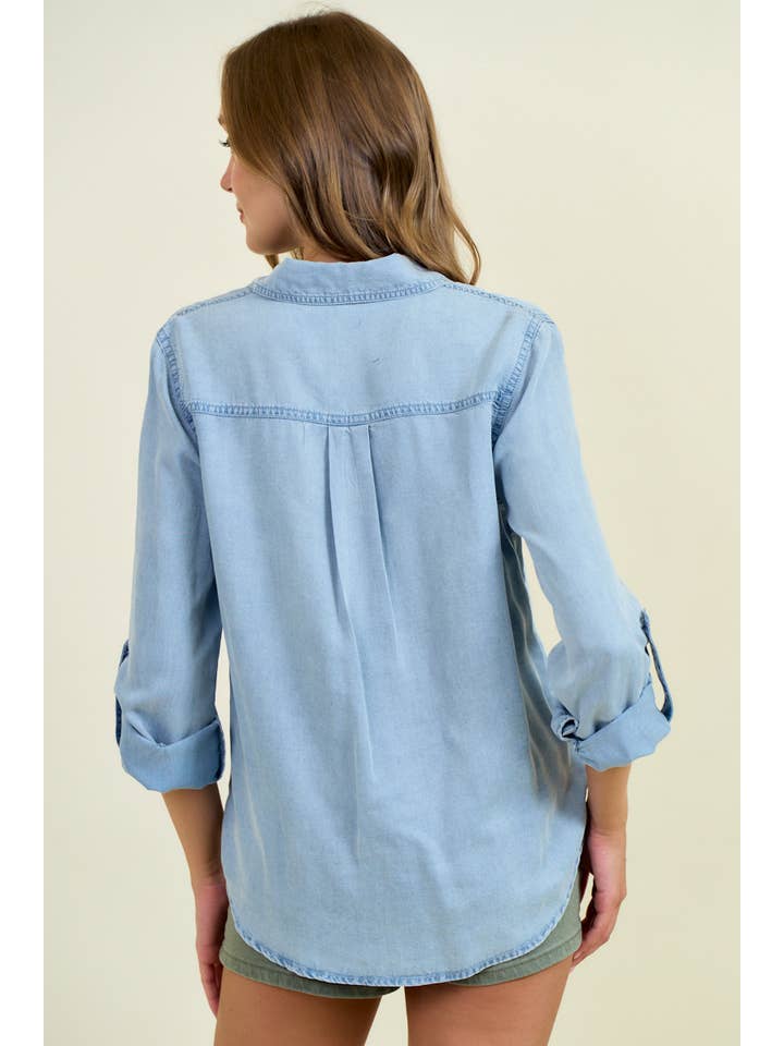 Doe and Rae - Wholesale Overhemd met knopen - Dames - Chambray overhemd met knoopsluiting en oprolbare mouwen - 41778T3