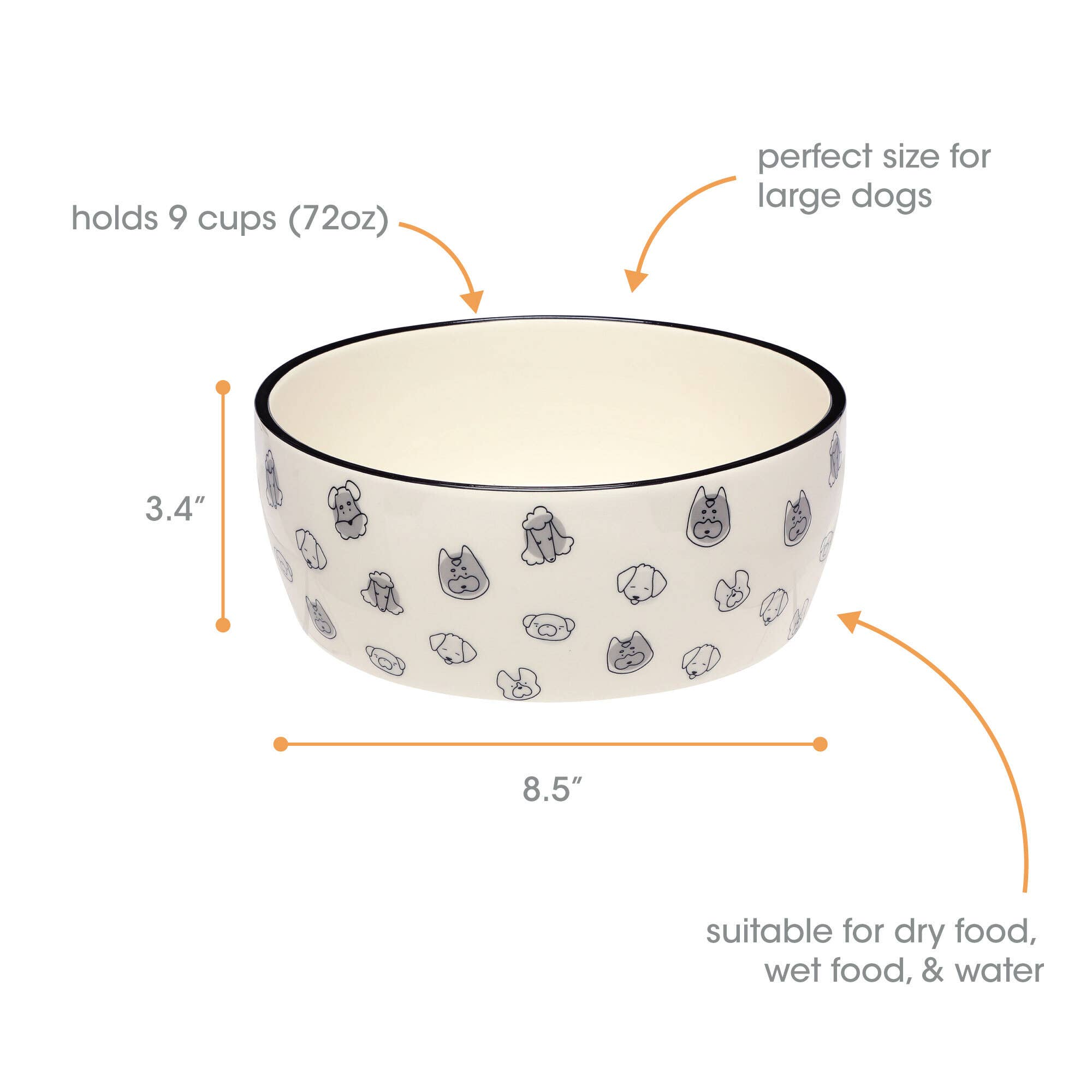 Pearhead - Wholesale Pet Bowl - Cat/Dog - Dog Faces Pattern Ceramic Pet Bowl, Water or Food Dish, XL2