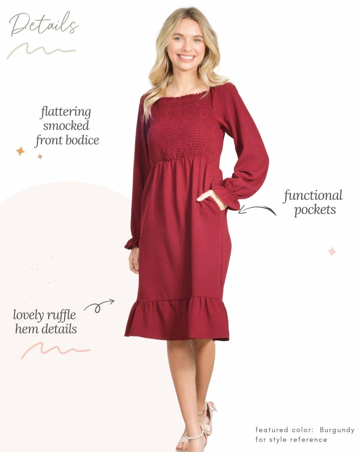 Loven x Mini Momo - Wholesale Dress - Kids - Kid's Smocked Dress Long Sleeve Pocket Crepe Ruffle Midi1