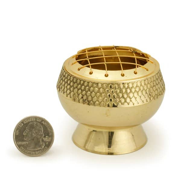 Prabhuji's Gifts - Wholesale Incense Holder - Burner - Embossed Brass Burner, Medium Base, Net Top 2.25"Hx2.5"D2