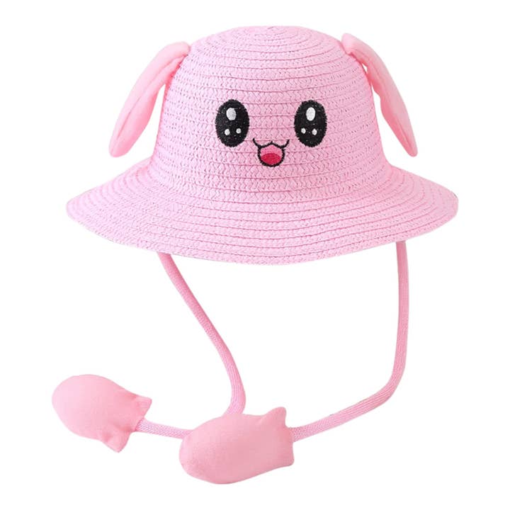 ASSORTED KIDS CARTOON FACE MOVING EAR STRAW BUCKET HAT 4201-9 (12PC) for wholesale on Faire