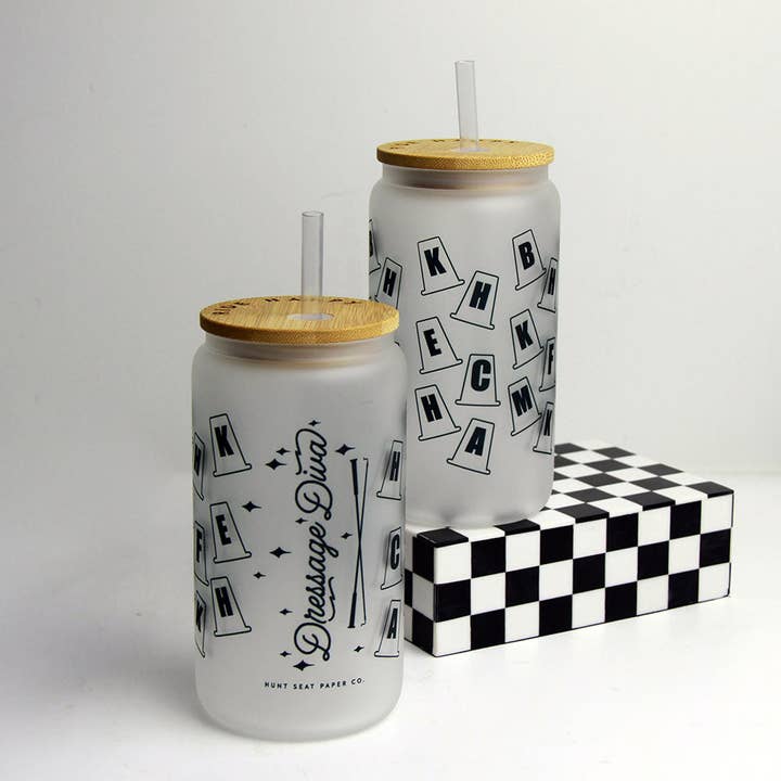 Dressage Diva Glass Tumbler with Bamboo Lid and Straw for wholesale by Hunt Seat Paper Co.