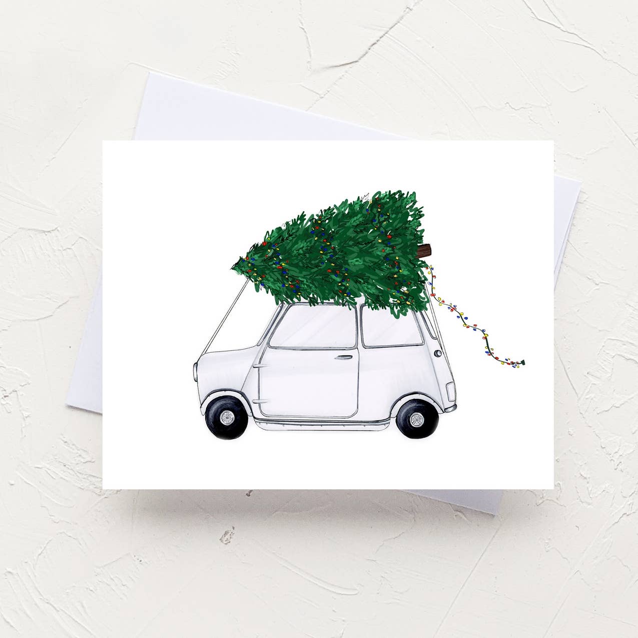 Almeida Illustrations - Vente Cartes de Noël - Mini Cooper + Tree - Carte de vœux pour les fêtes de Noël4