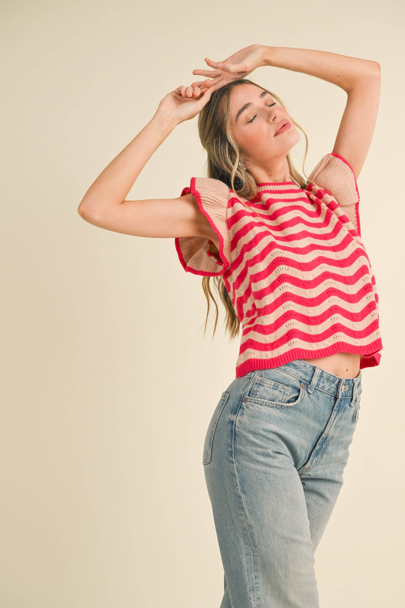 &MERCI - Wholesale Knit Sweater - Women's - WAVY STRIPES FLUTTER SLEEVE SWEATER TOP MSW1050917