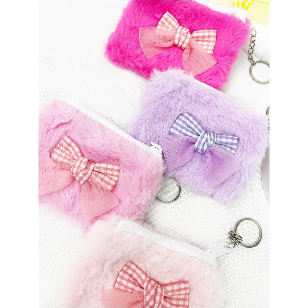 MIX COLOR Faux Fur with Bow Detail Coin Purse with Key Ring for wholesale on Faire7