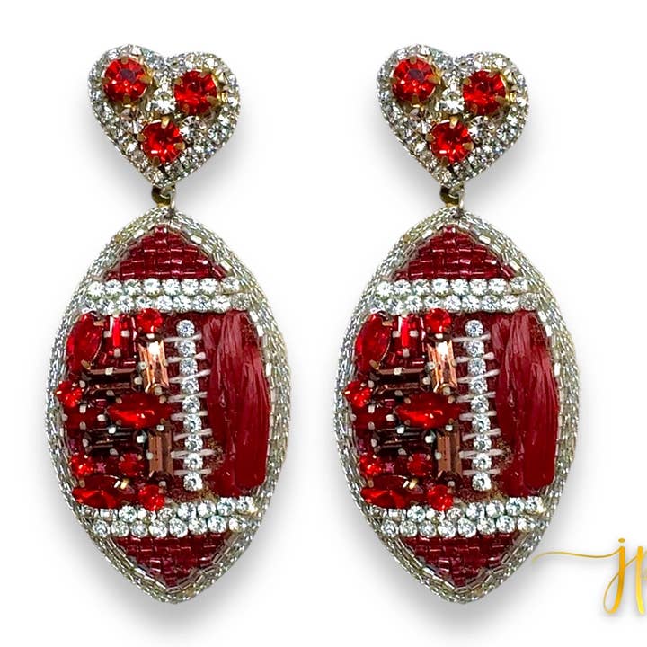 Jogo Day Brincos de Futebol Burgundy Rhinestone Hearts Raffia por atacado de Jenny Patrick Designs ™