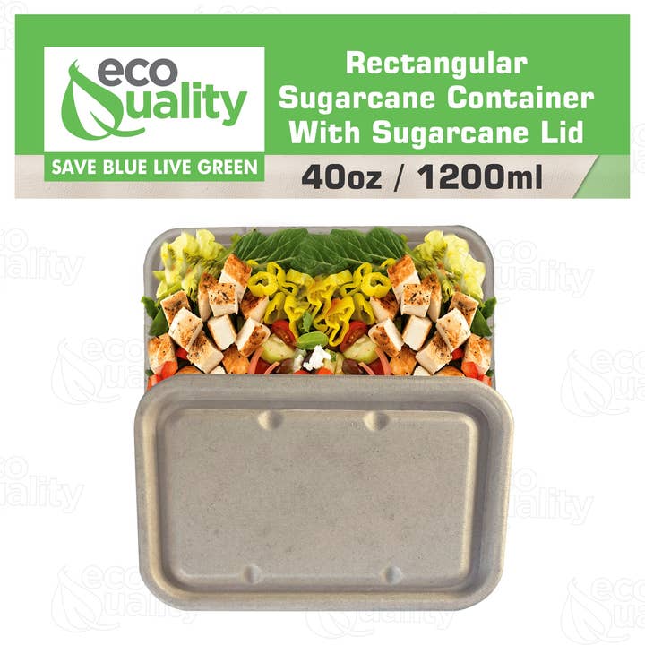 EcoQuality - Wholesale Food storage container - 40oz Sugarcane Fiber Bowl with Sugarcane Lid Compostable Disposable Oblong Food Prep Storage6