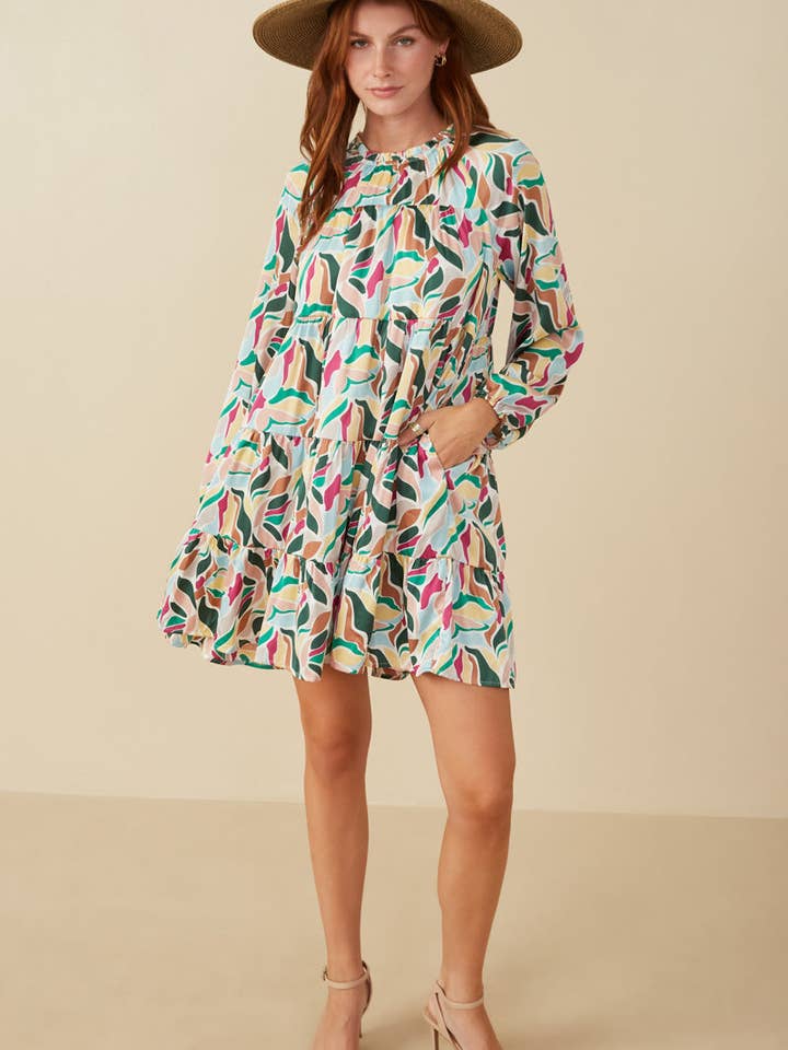 Magenta Mix Womens Abstract Floral Tiered Ruffle Neck Satin Dress for wholesale on Faire6