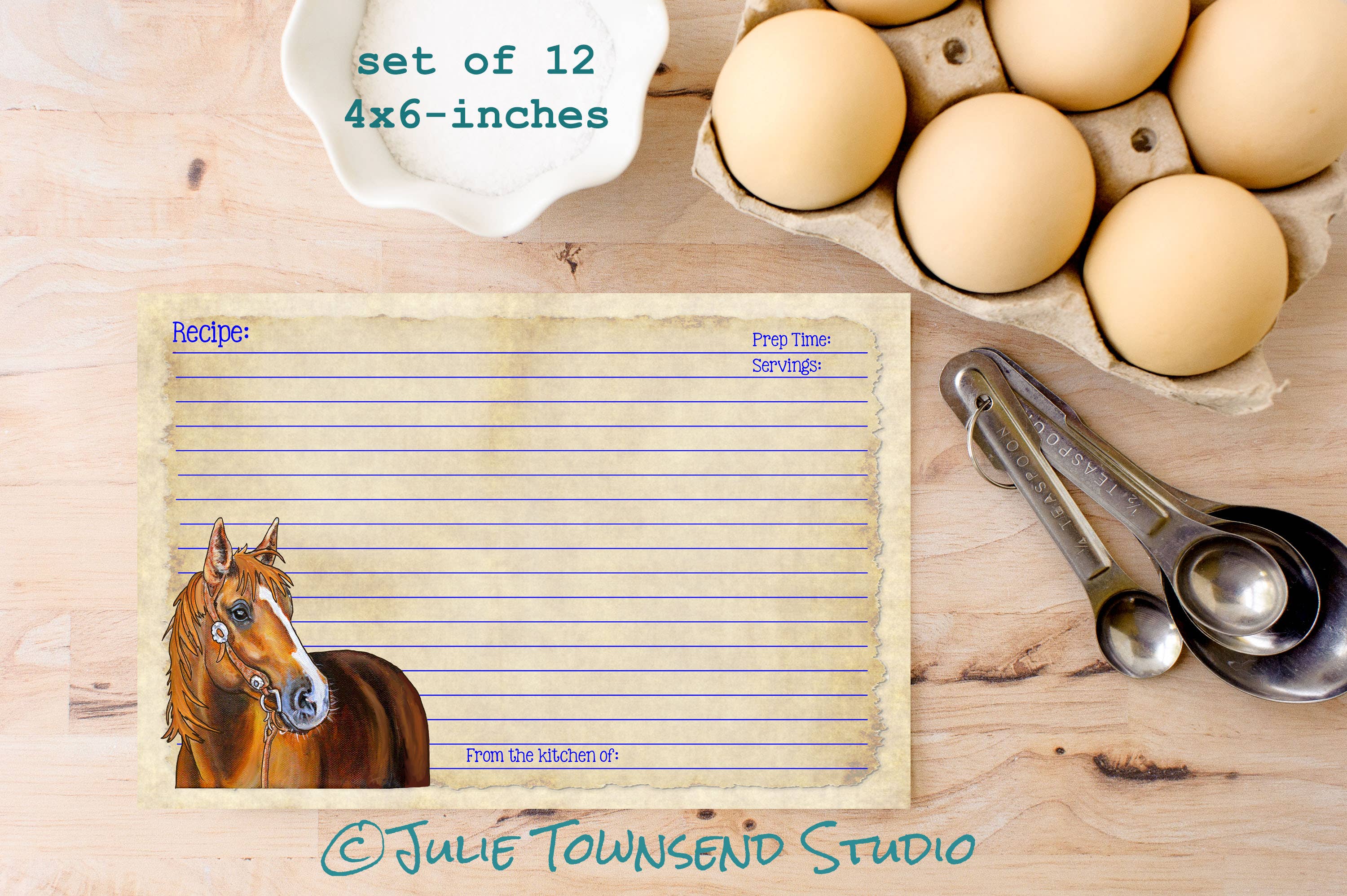 Julie Townsend Studio - Wholesale Recipe Card - Recipe Cards - Set of 12 Cute Horse Recipe Cards - Dusty 1121