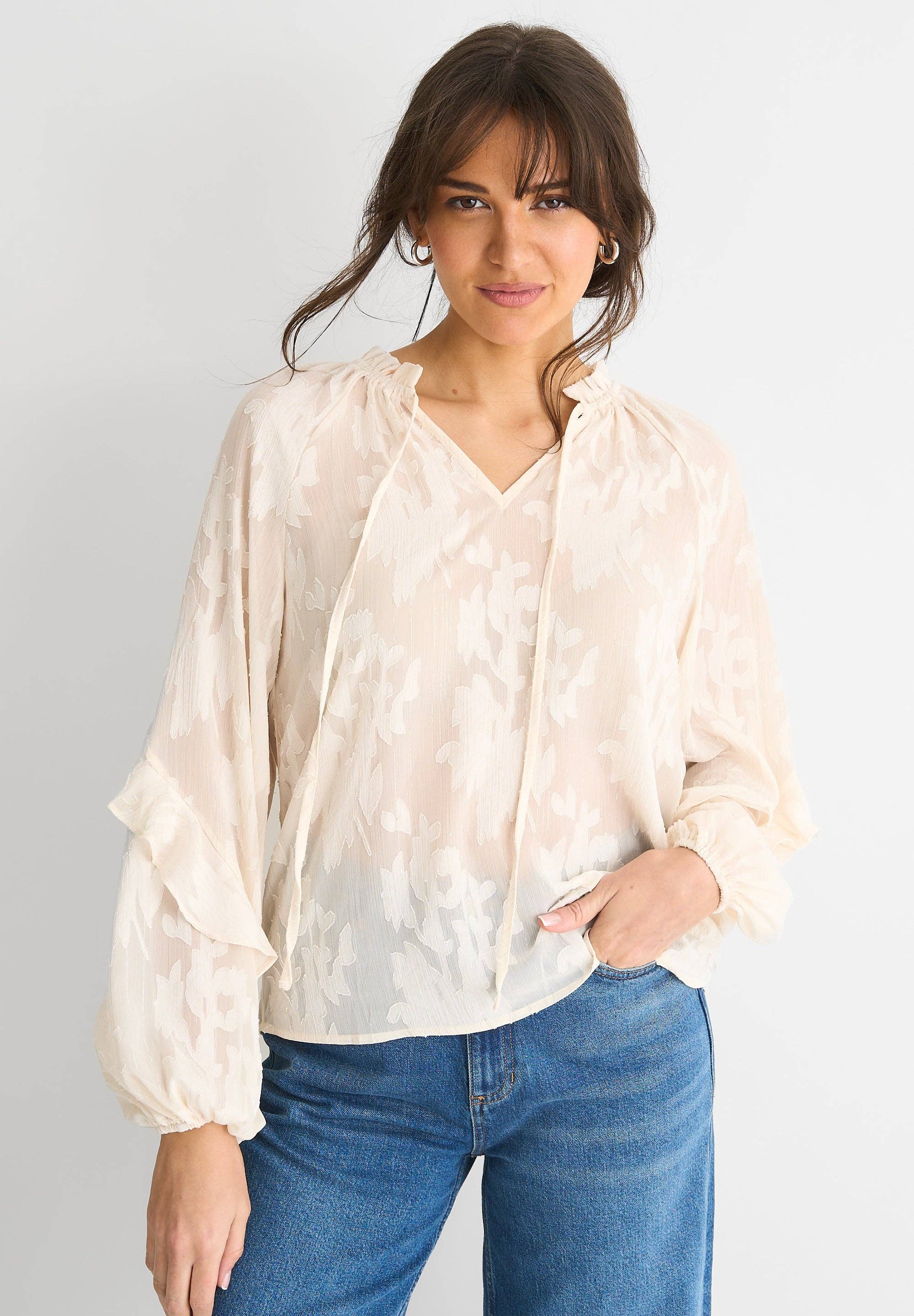 GINI LONDON - Wholesale Blouse - Women's - Cream Jacquard Floral Long Sleeve Blouse