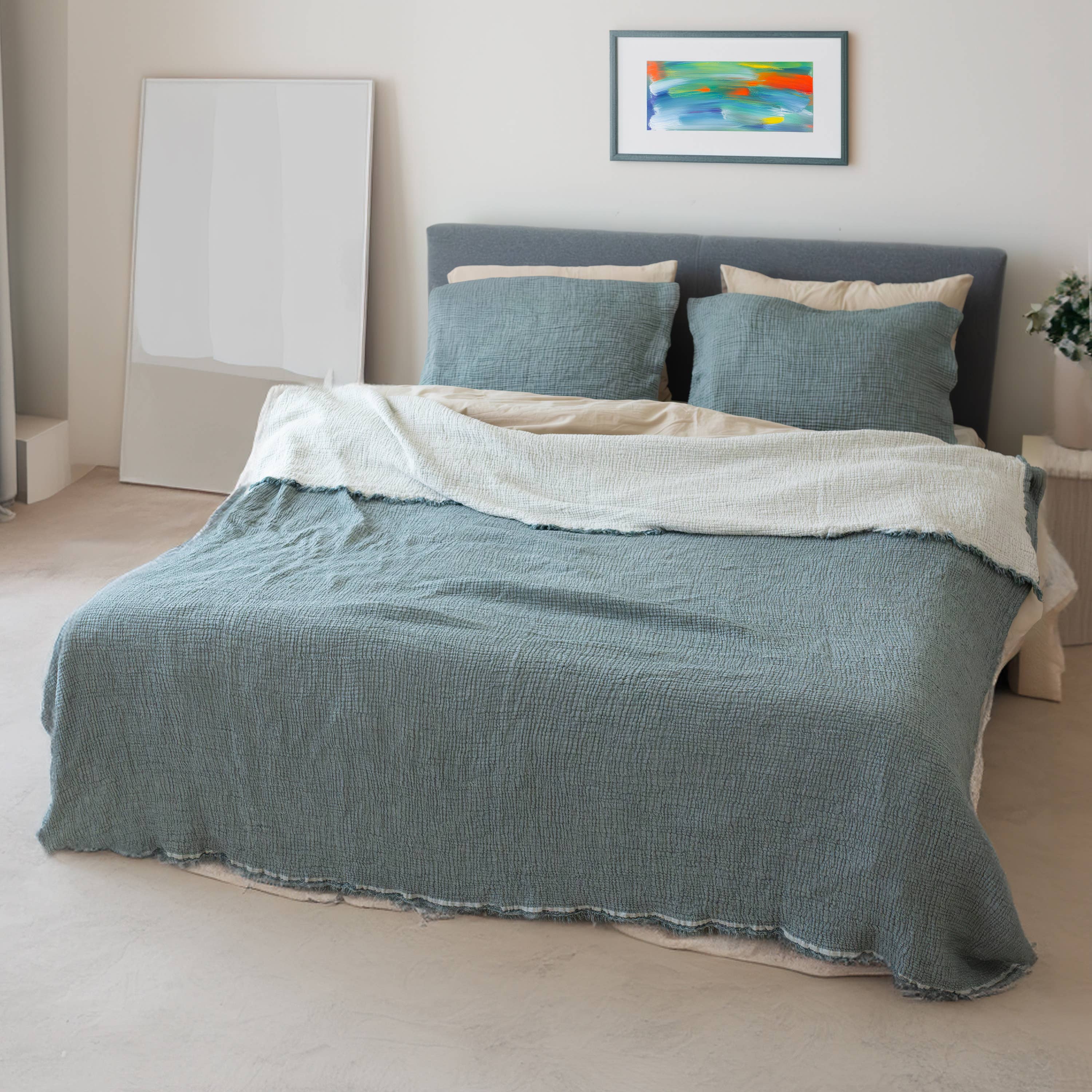 Vivamaison - Vente Plaids - Couvre-lit en mousseline frangé 100 % coton doux, 4 couches premium135