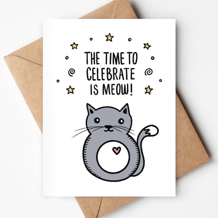 Celebrate Meow Eco-friendly Card Birthday Congrats Cat Pun for wholesale by Jenna's Doodles