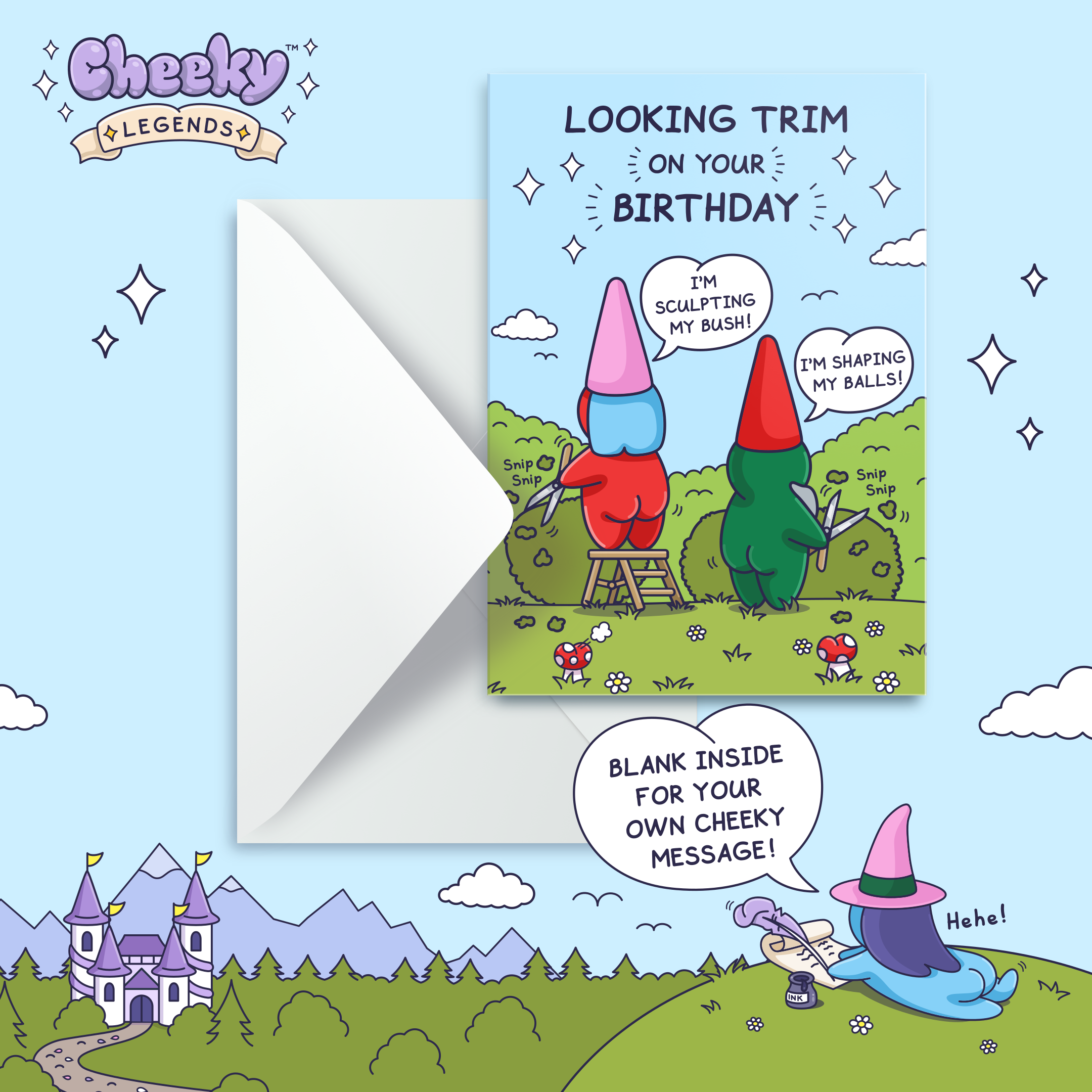 Cheeky Legends - Wholesale Birthday Card - Funny Birthday Card - Trimming Her Bush and His Balls - Garden Gnomes2