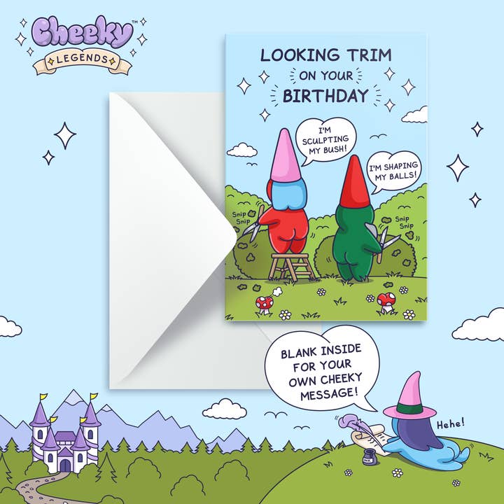 Cheeky Legends - Wholesale Birthday Card - Funny Birthday Card - Trimming Her Bush and His Balls - Garden Gnomes2