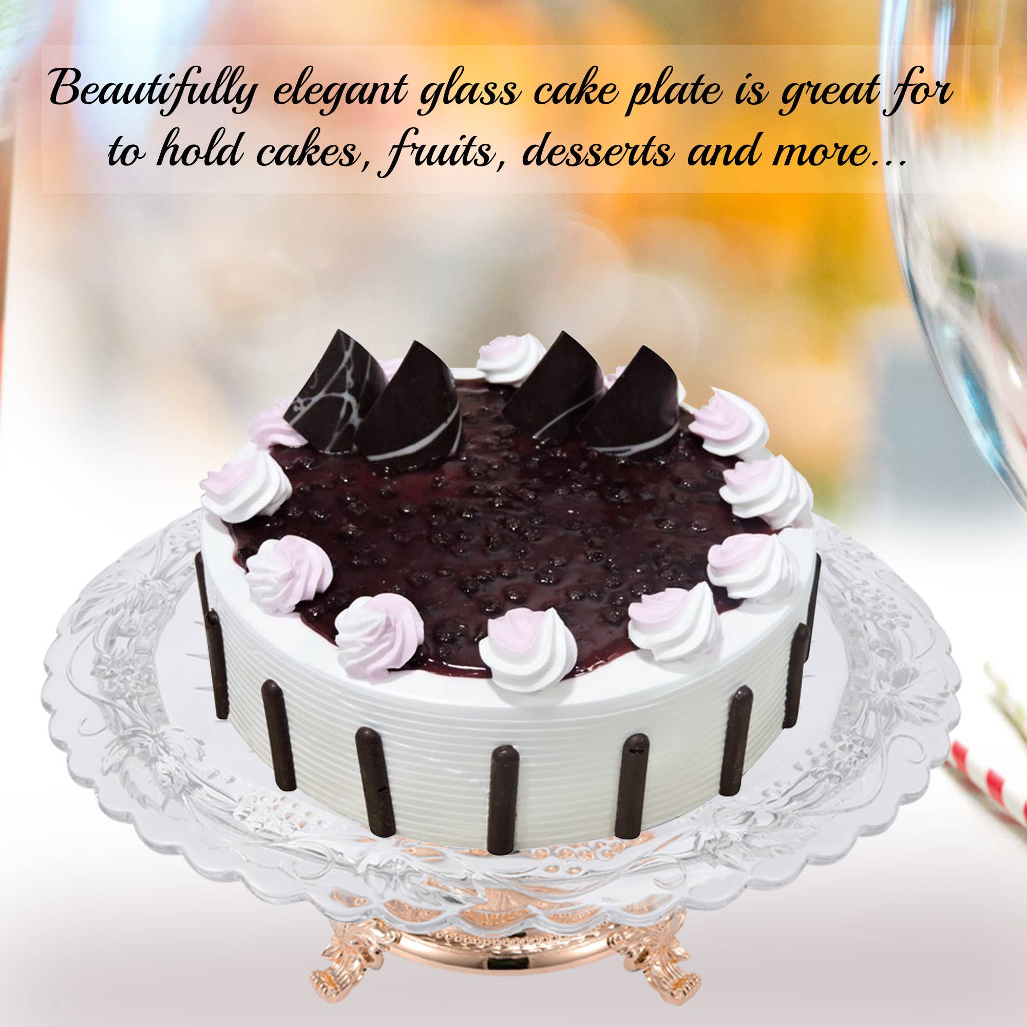 Matashi - Wholesale Taartplateau - Matashi kristallen glazen taartplateau met gegraveerd decor en voet in 24K goud/rosé goud/zilver5