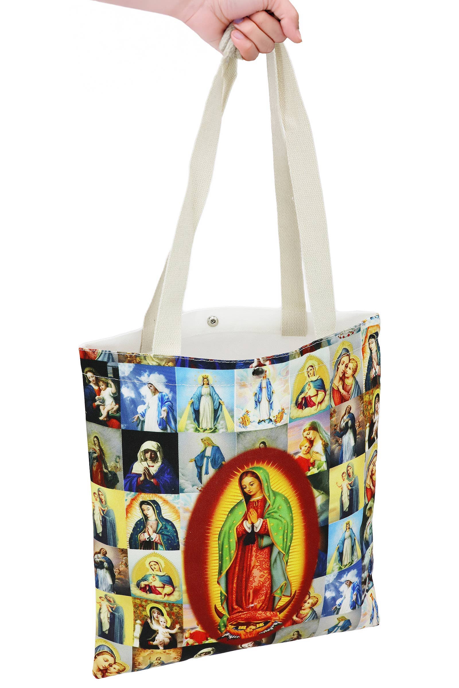 AS SHOWN Our Lady Of Guadalupe Tall Canvas Tote Bag for wholesale on Faire2