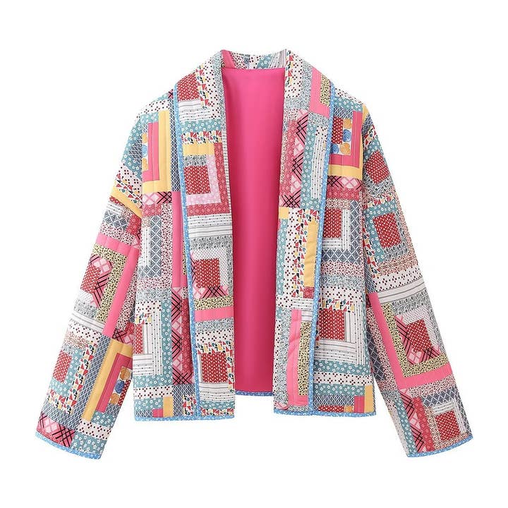 Colored Colour-Blocked Plaid Loose Quilted Jacket for wholesale on Faire