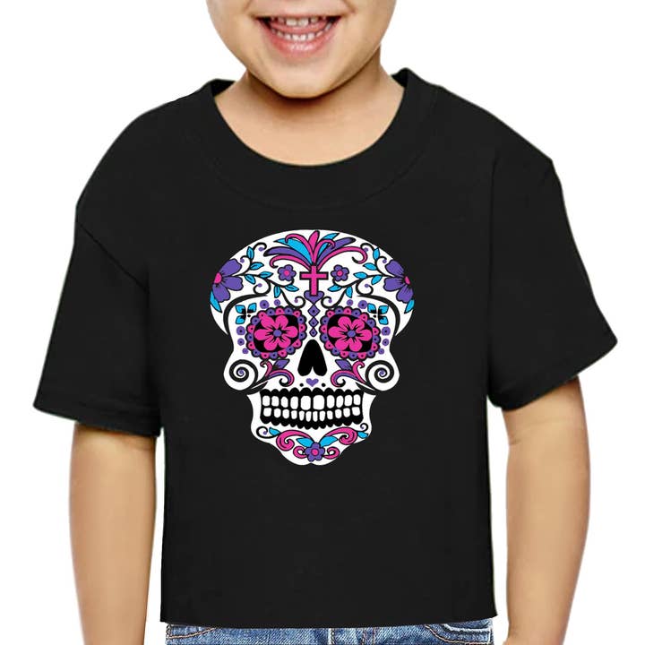 "Sugar Skull Color Me-Pink" Day of the Dead Baby T-Shirts for wholesale by Bronze Baboon