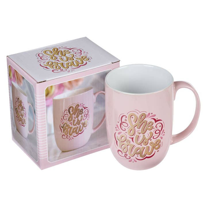 Christian Art Gifts - Vente Tasse à café - Mug Rose/Blanc She is Brave2