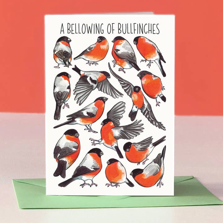 A Bellowing of Bullfinches Art Blank Greeting Card for wholesale by Alexia Claire Ltd