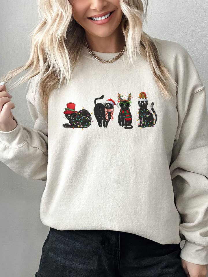Retro Black Cats Christmas Light Sweatshirt, Cat Lover Shirt and other Purchase Wholesale cat sweater. Free Returns & Net 60 Terms on Faire trending on Faire.