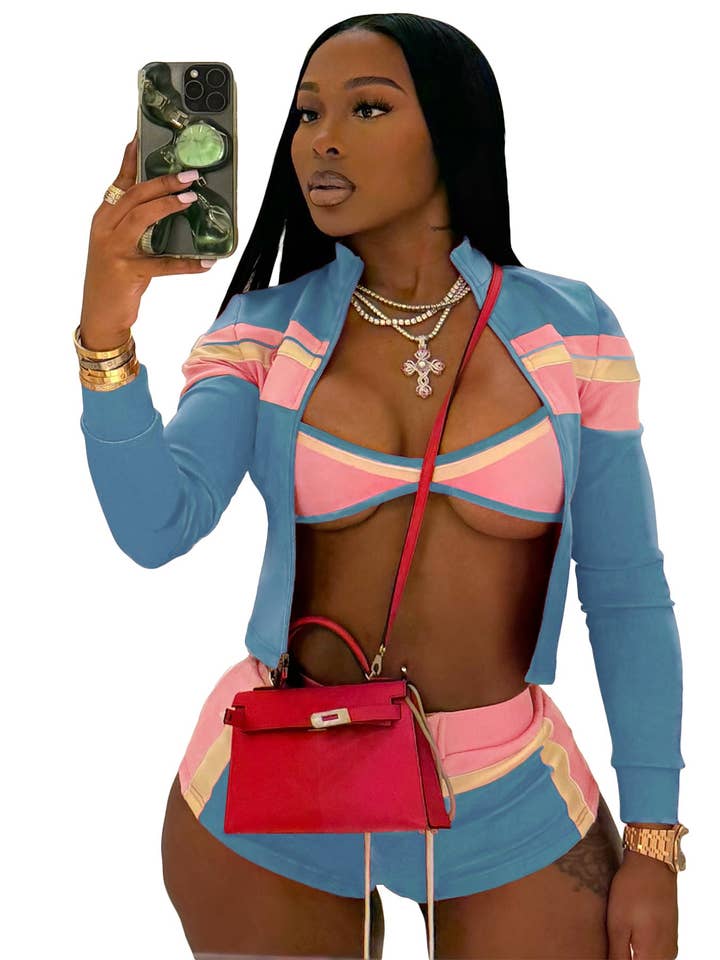 MB Fashion Wholesale - Wholesale Top & Short Set (NOT Loungewear) - Women's - MB FASHION Three-Piece Zip-Up Jacket, Crop Top, and Lace-Up Shorts Set 5029LY1