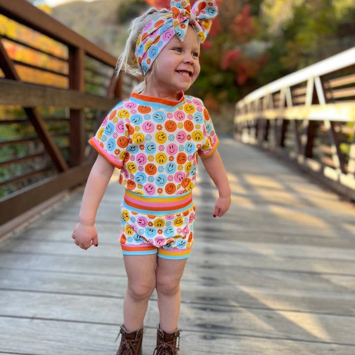 Sew Southern Kids Couture - Wholesale Top & Short Set - Kids - Girl's Groovy Vibes Retro Smiley Face Outfit