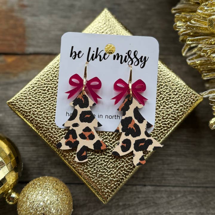 Christmas Tree Earrings - Leopard with Bows for wholesale by Be Like Missy