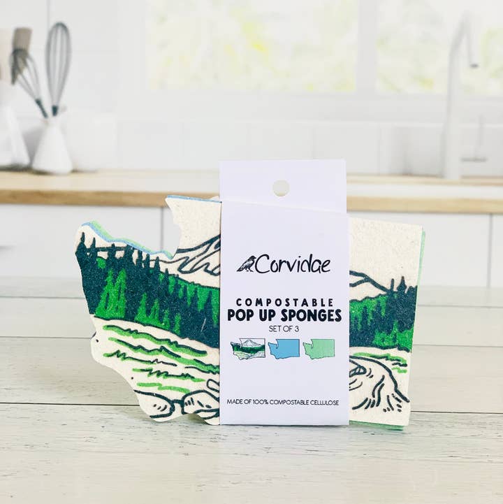 Washington Shaped Compostable Pop Up Sponges - Set of 3 for wholesale by Corvidae drawings & designs