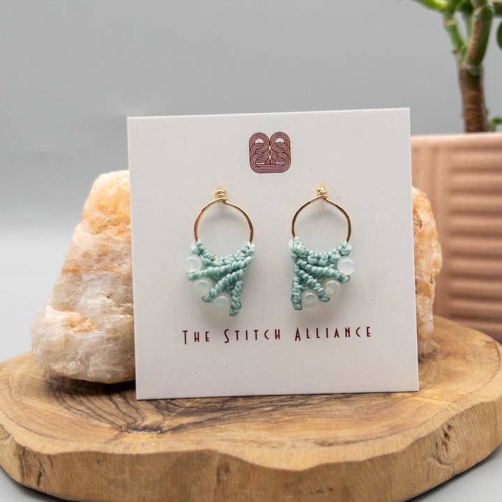 The Stitch Alliance - Wholesale Dangle Earrings - Mermaid Tail Macrame Earrings 14k Gold Fill Moonstone Beads