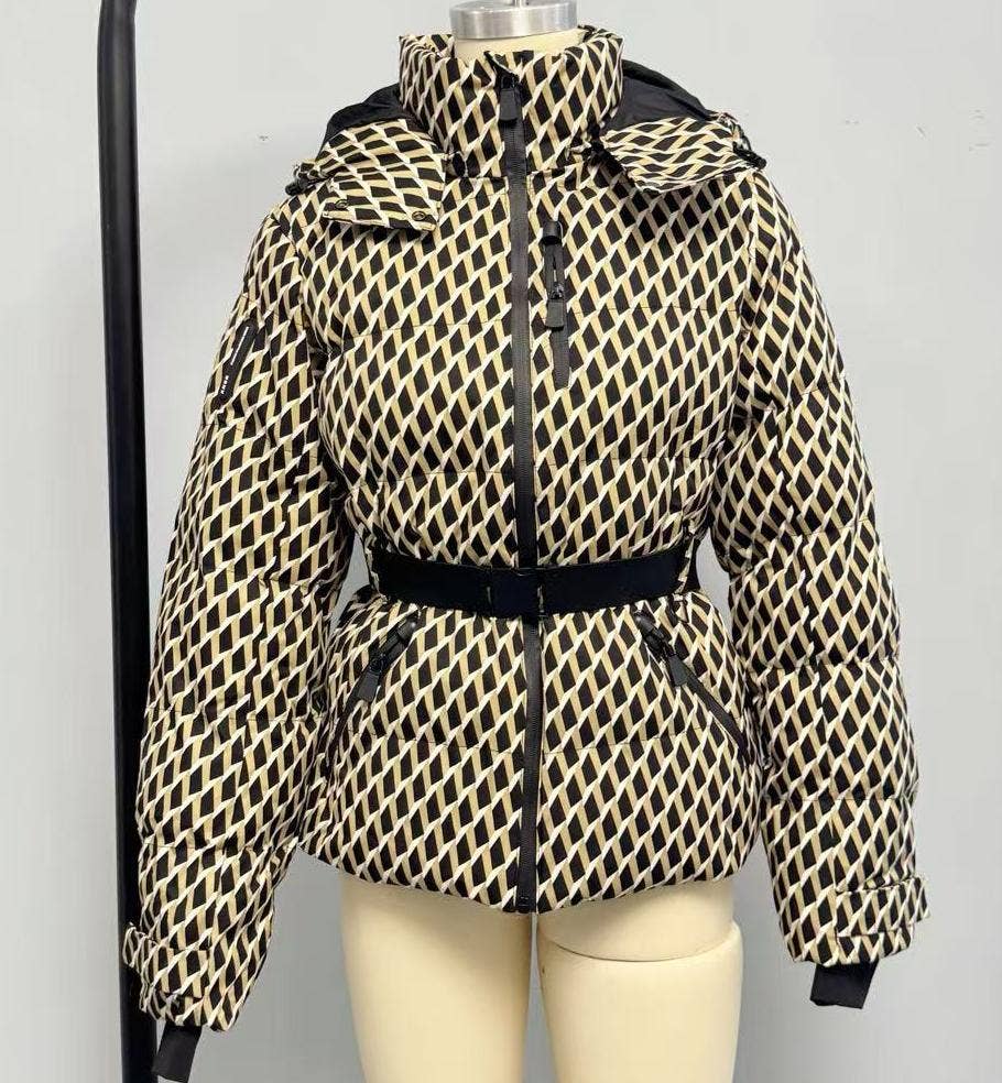 Rosa Clothing - Wholesale Coat - Women's - Printed belt hooded ski padded quilted jacket coat0