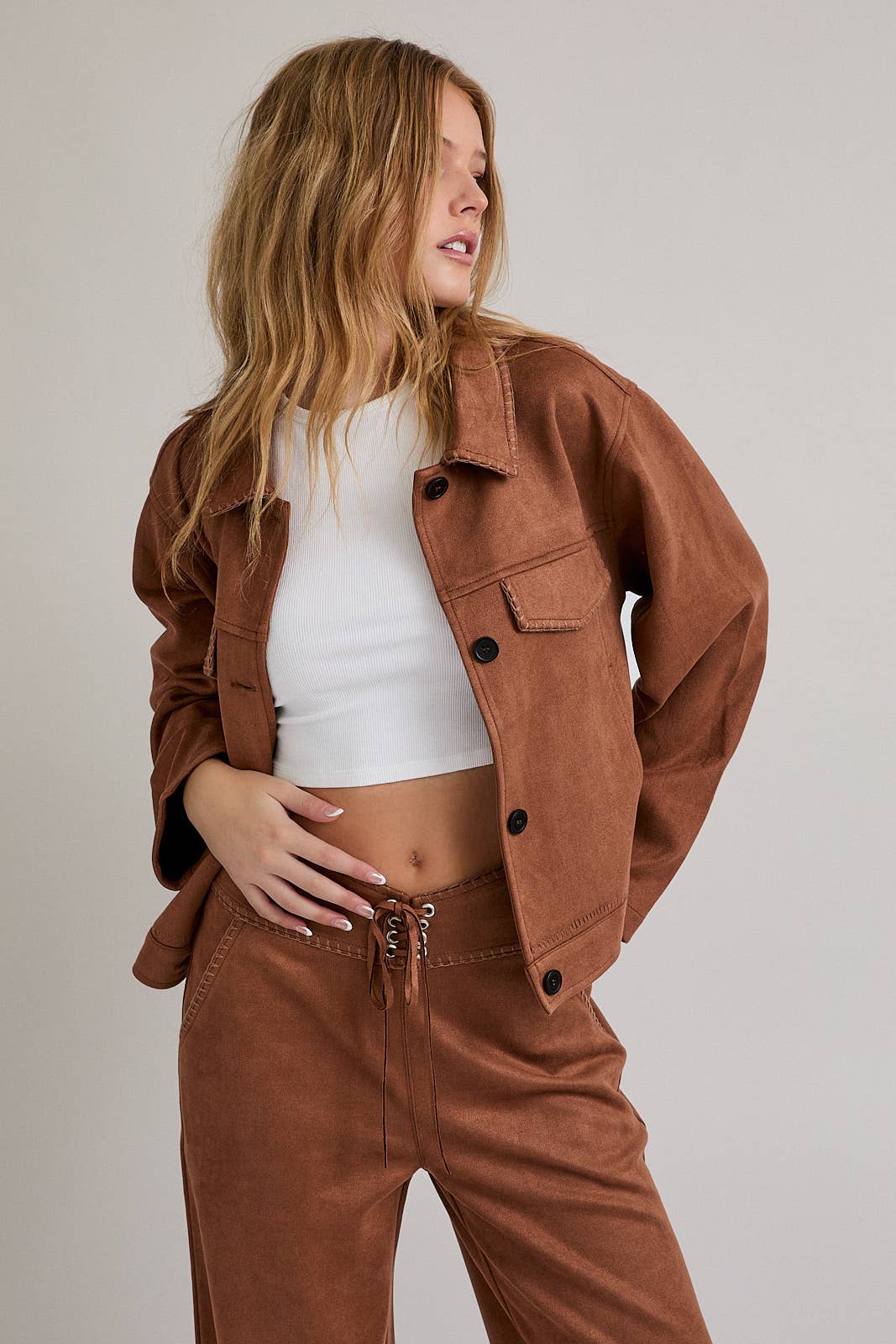 Brown BRAIDED DETAIL SUEDE JACKET for wholesale on Faire2