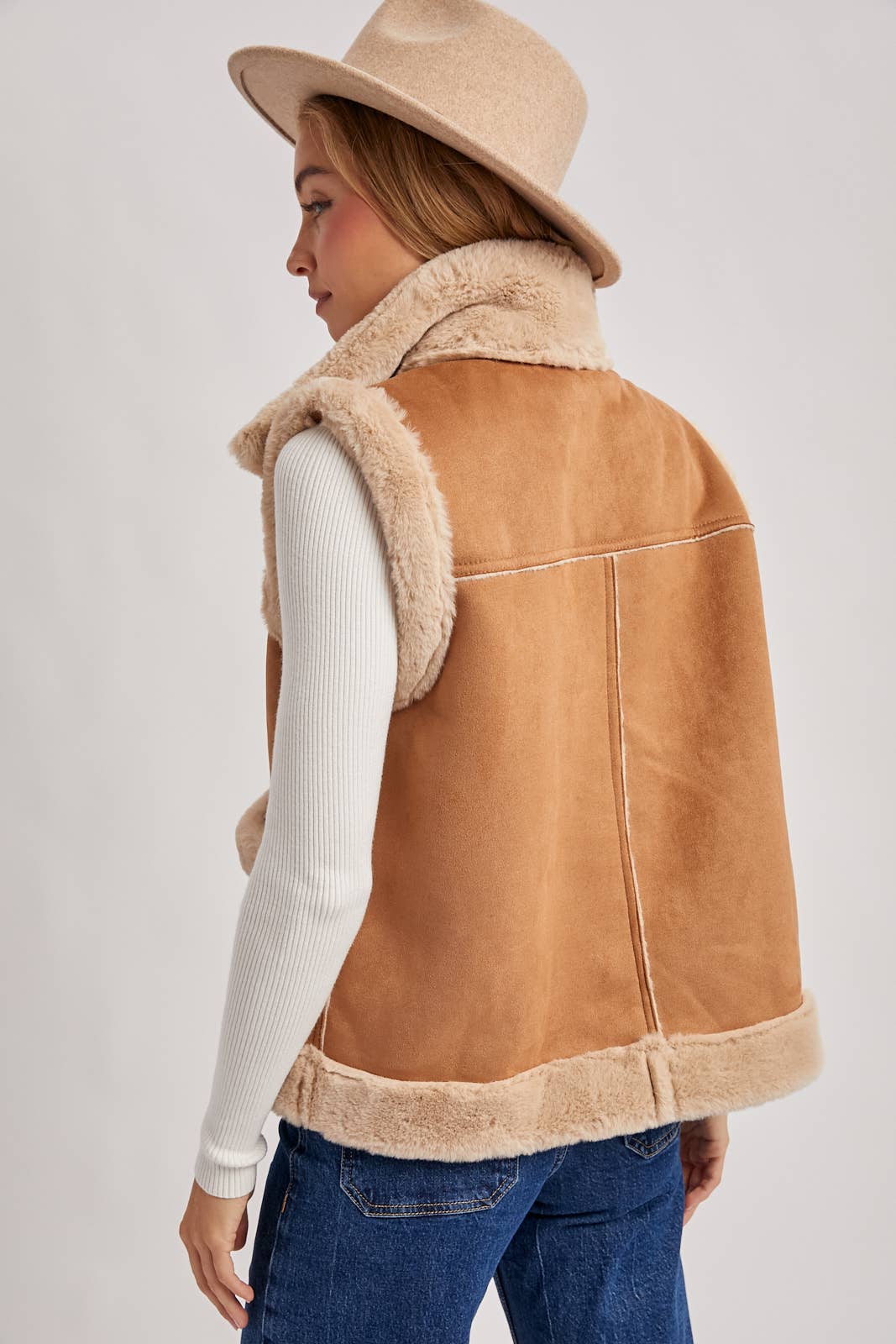 Bluivy - Wholesale Outerwear Vest - Women's - FAUX SUEDE WITH FAUX SHEARLING LINING TRIM VEST23