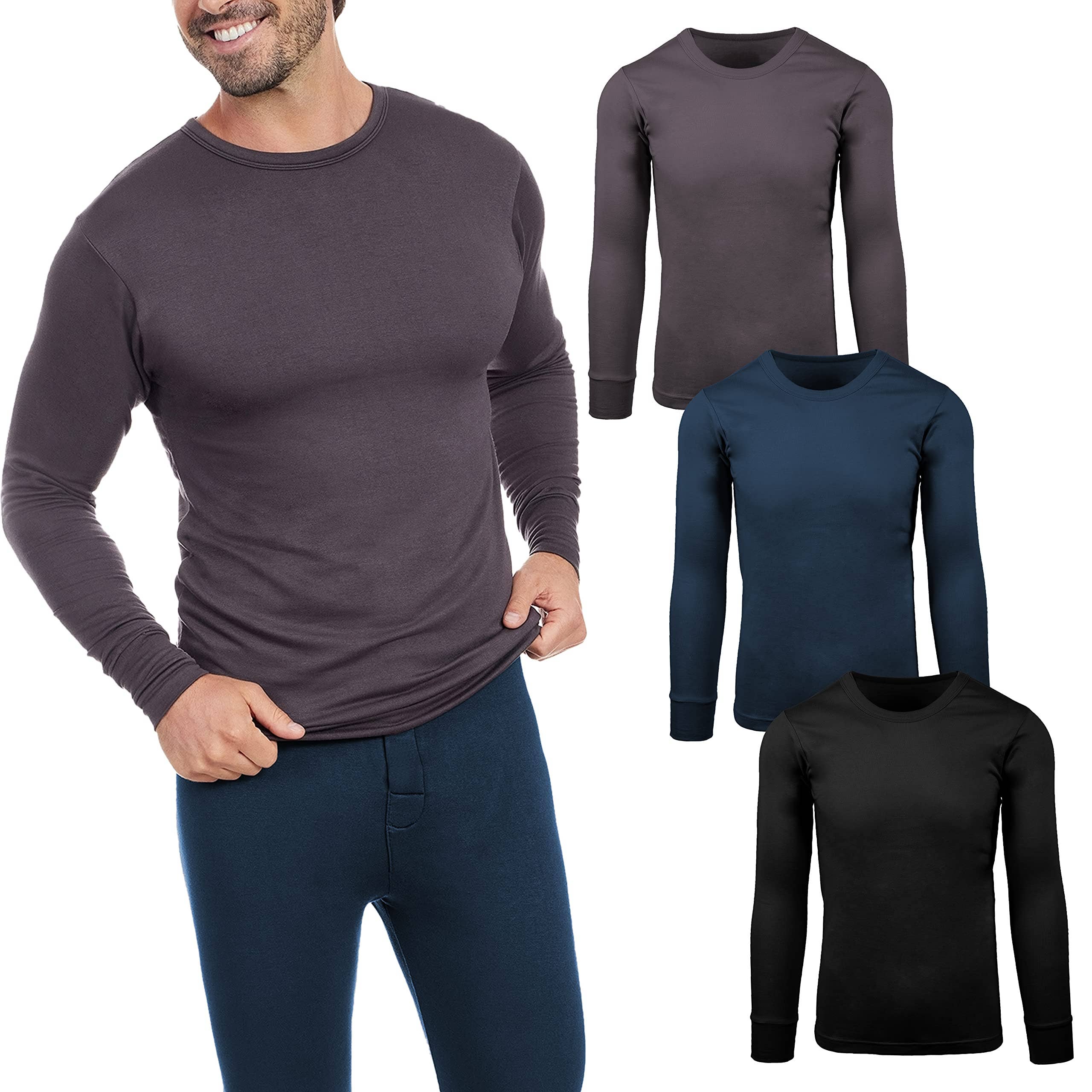 Noir, gris anthracite, bleu marine Lot de 3 sous-maillots thermiques hommes à col rond et manches longues en vente sur Faire0