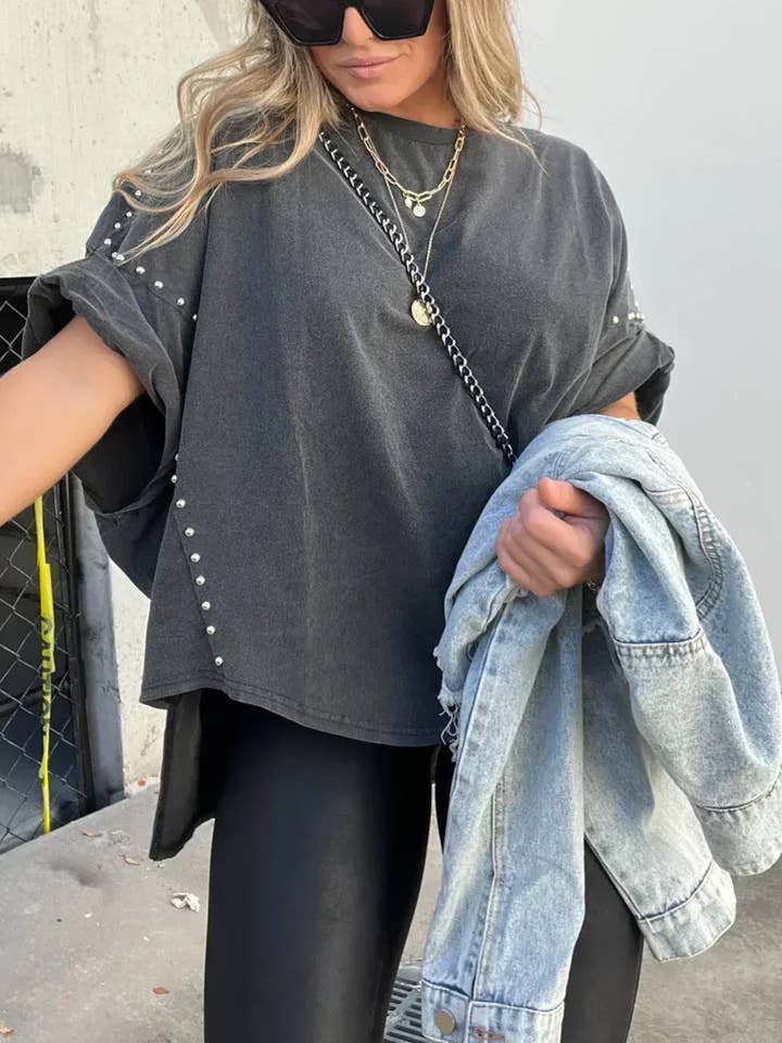 Rosa Clothing - Wholesale T-Shirt - Women's - Casual Roll Up Sleeve Studded Washed Oversized Tee